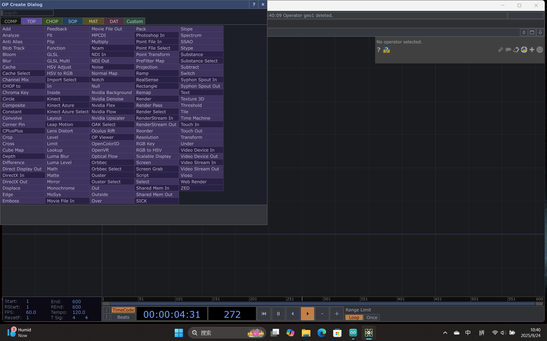 The operator library in TouchDesigner is shown, where different nodes like COMP, CHOP, SOP, and DAT are used to build interactive systems.