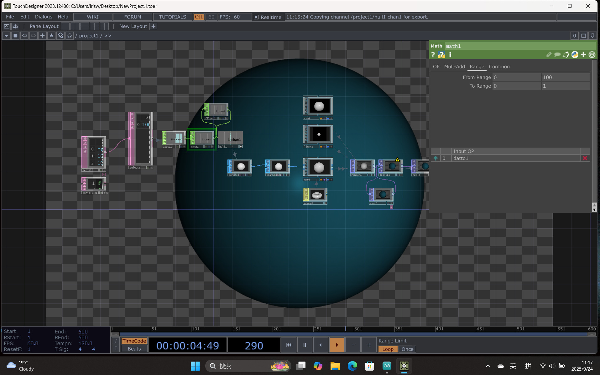 Math and channel operations are applied to map sensor values to the sphere’s visual properties, such as brightness or scale.