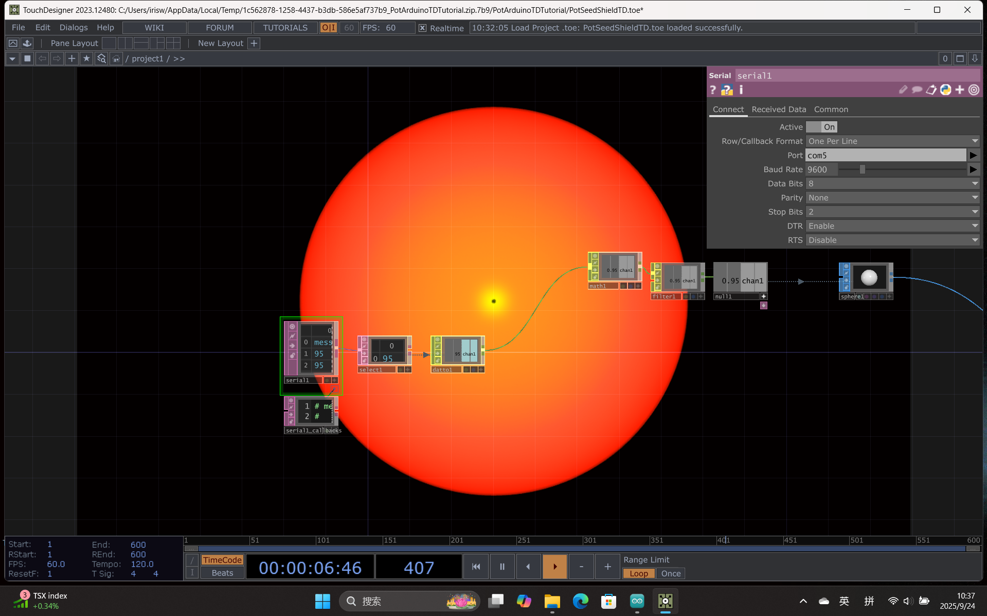 The final output demonstrates color and light intensity changing in real time, reacting to data received from Arduino — visualizing interaction between physical input and digital form.